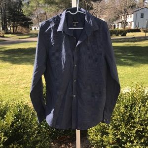 H&M Mens Long Sleeve Button Up Shirt, Navy Blue with White Dots Large Slim Fit